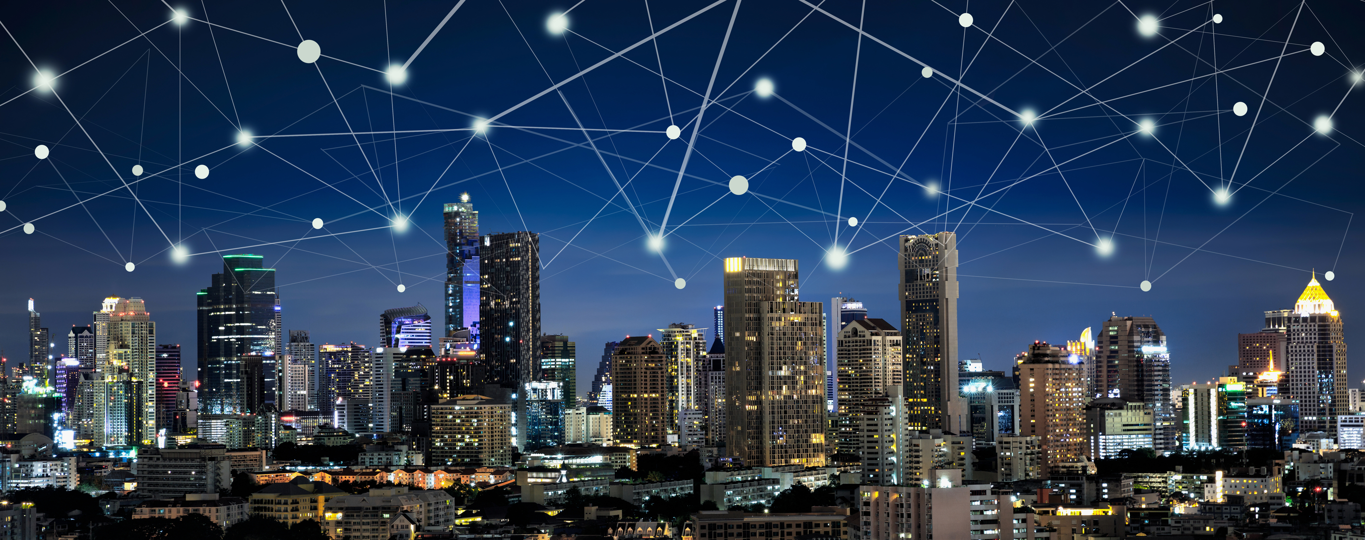 Connected smart city infrastructure at night